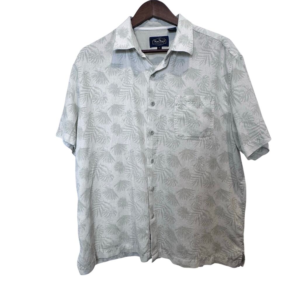 Nat Nast Silk Cotton Shirt Large Sage Green Palm Leaf Tropical Camp Luxury L